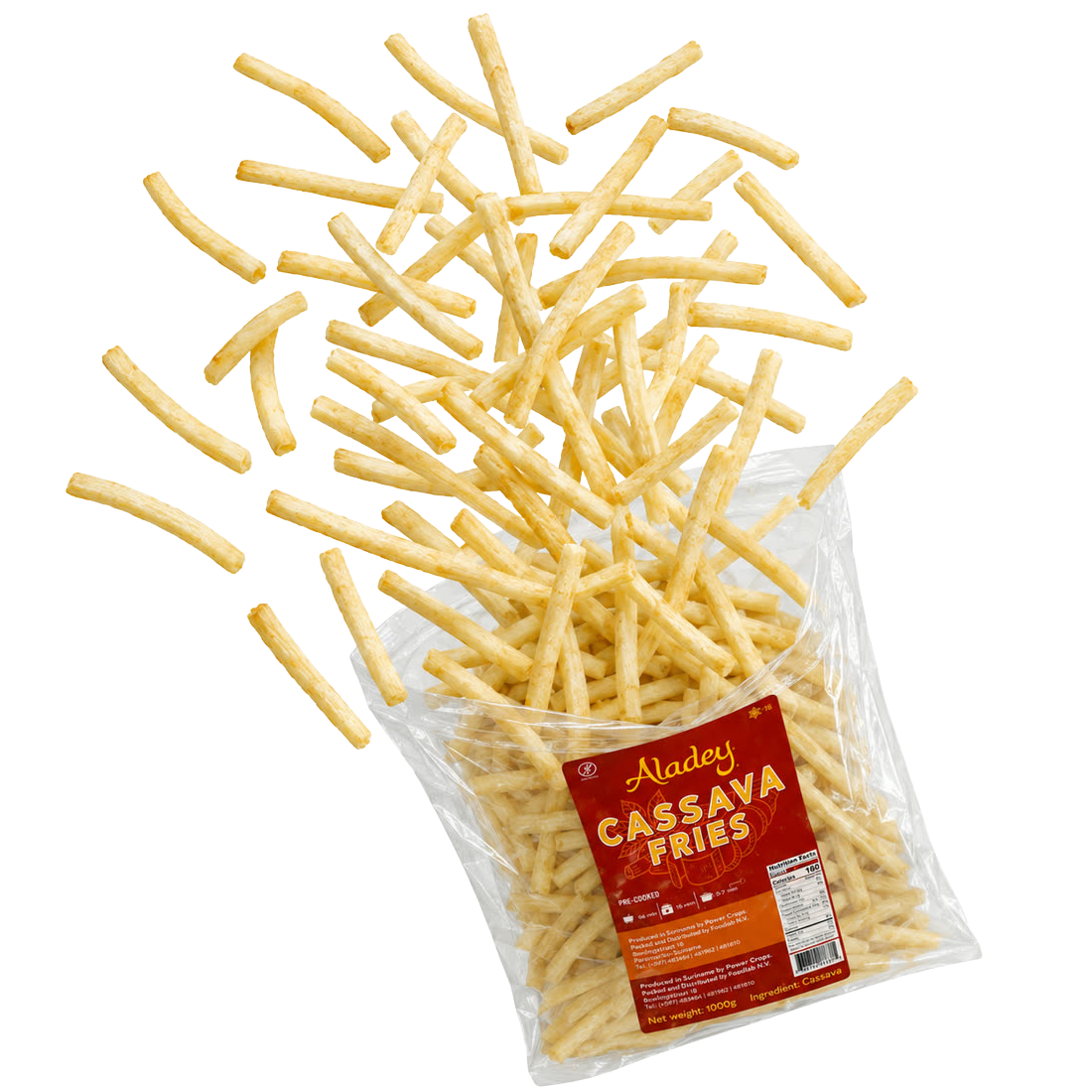 A 1000 g pack of Aladey Cassava Fries with fries spilling out of it
