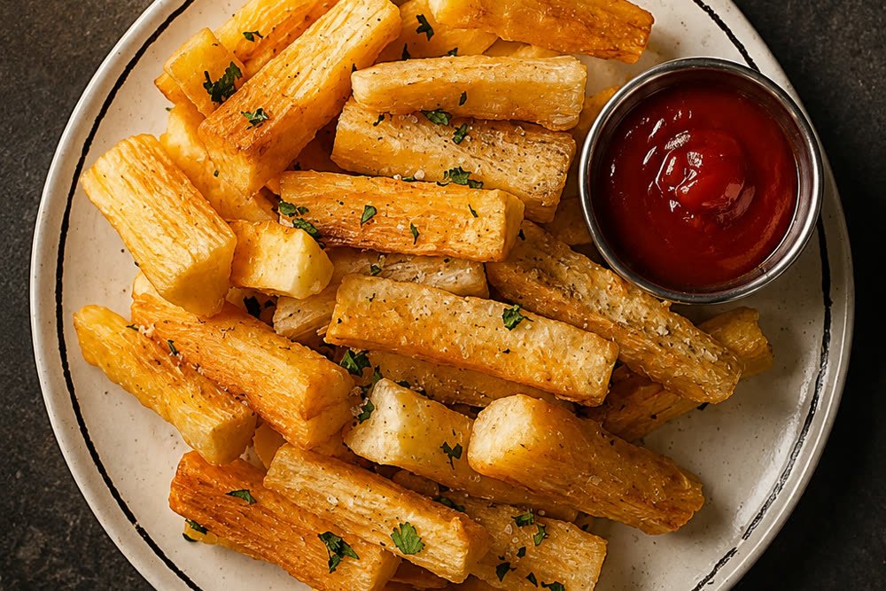 Fried Aladey cassava chunks with herbs and a pot of ketchup