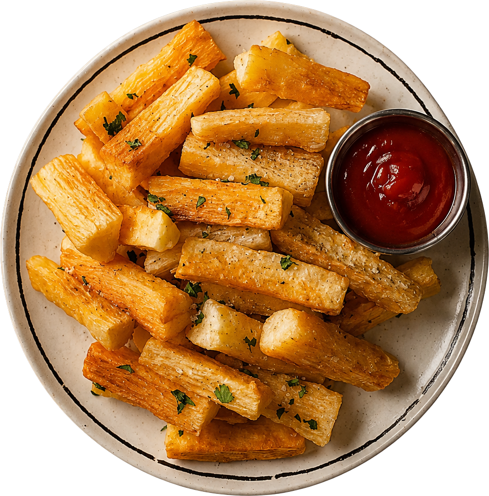 A plate of deep-fried Aladey cassava fries with parsley and a pot of ketchup